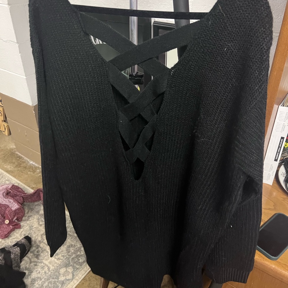 Ambiance Black Ribbed V-Neck Sweater with Crisscross Back - Picture 3 of 3